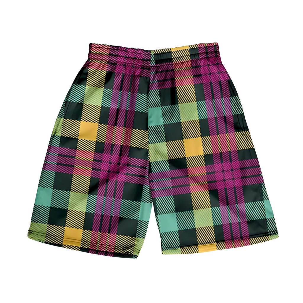 Men's plaid pattern shorts with elastic waistband in straight leg design for casual wear