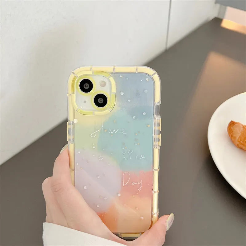 Minimalist contrast colour silicone iPhone case with yellow edge trim on phone