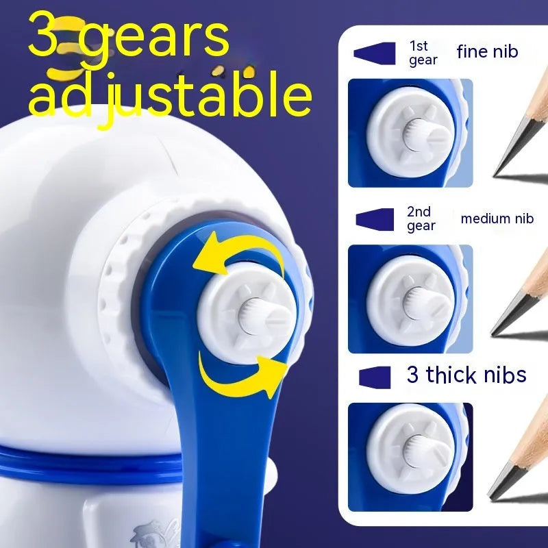Blue cartoon astronaut manual pencil sharpener for children on a desk