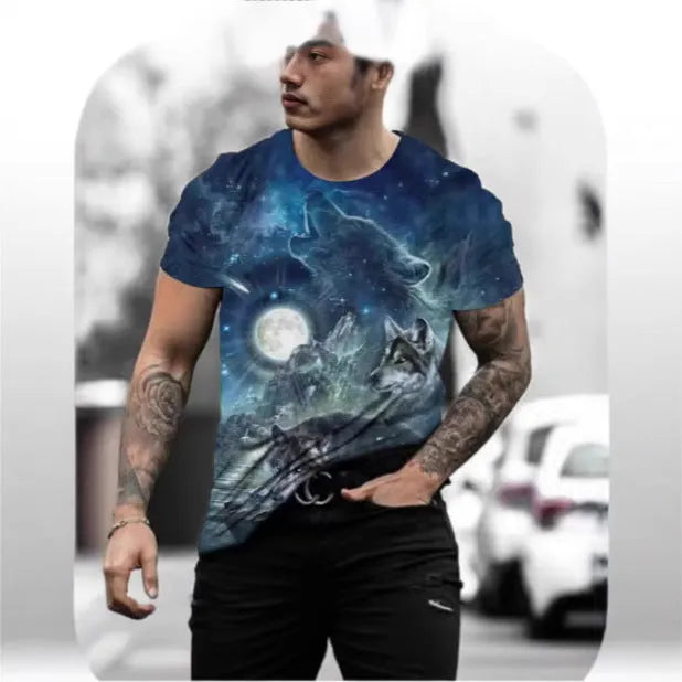 Close-up of a men's retro style t-shirt with a detailed 3D animal graphic print on thin polyester fabric.