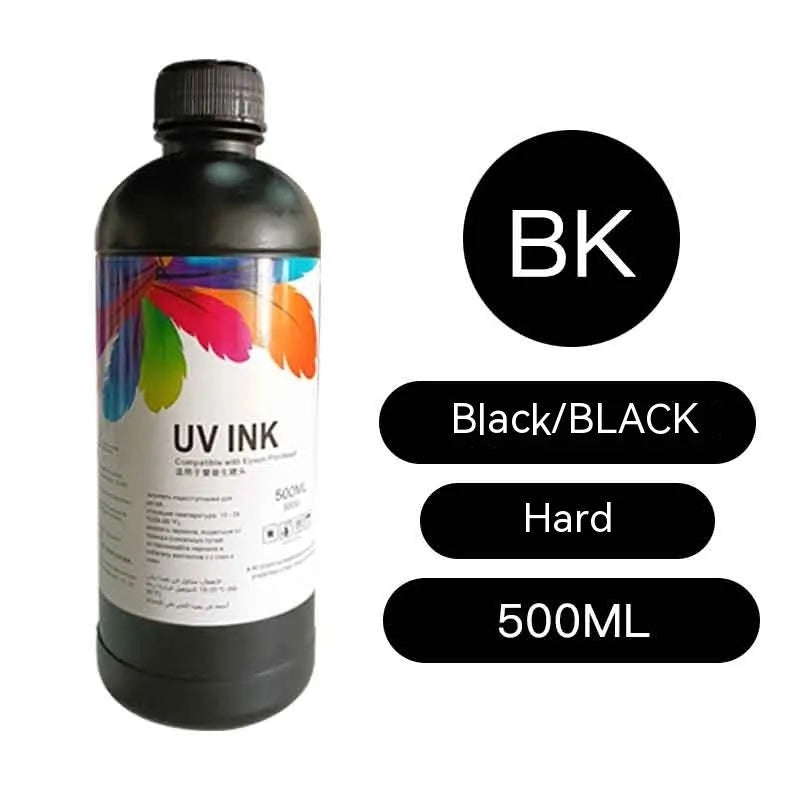 500ml bottle of Epson UV ink for XP600 TX800 flatbed printers with colour and hardness options