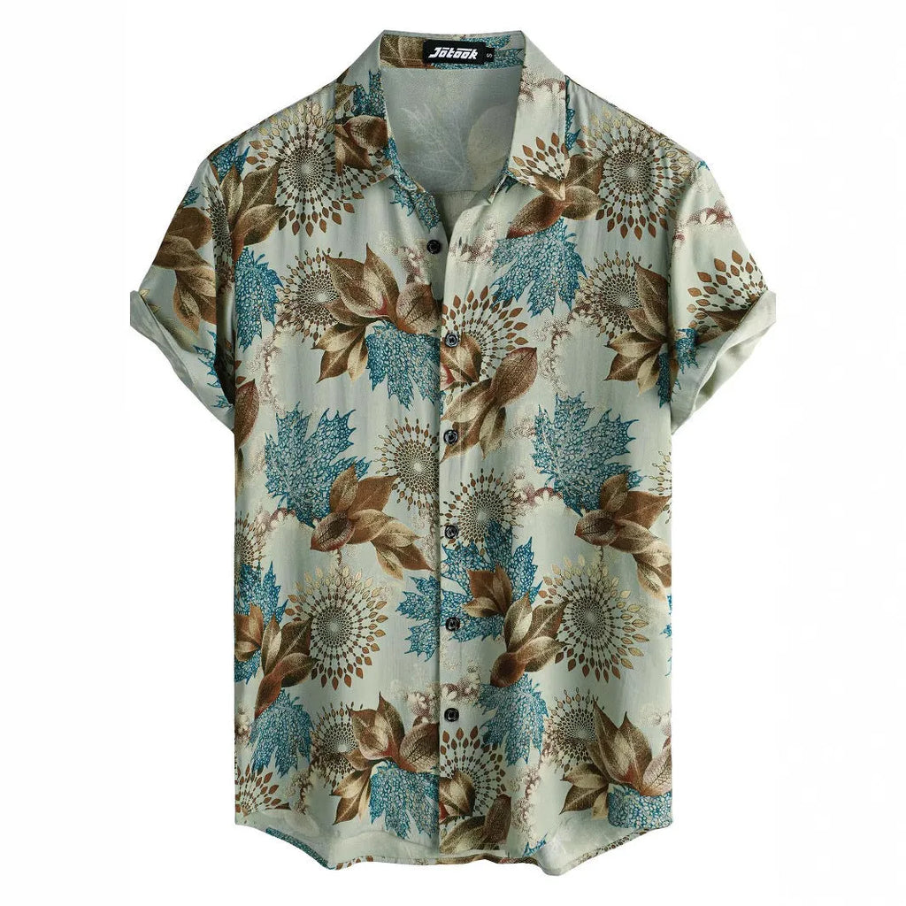 Short sleeve cardigan-style shirt with a Hawaiian floral print on the lapel.