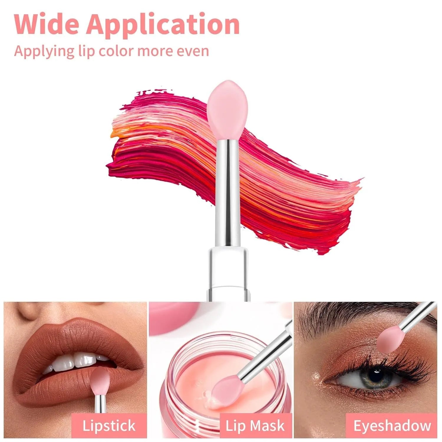 Set of four silicone lip brushes with protective caps in various colours for makeup application