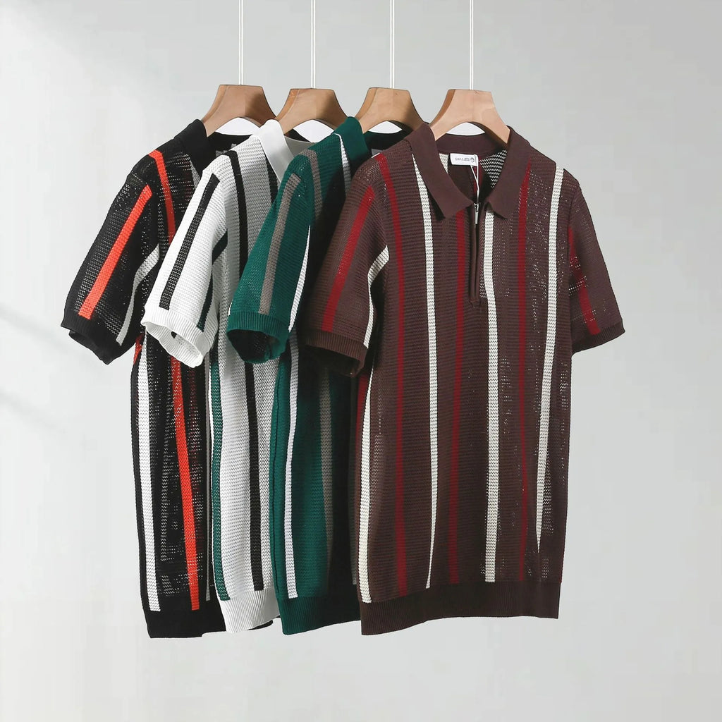 Men's black short-sleeved polo shirt with hollow mesh knitting and a silver zipper decoration on the front.