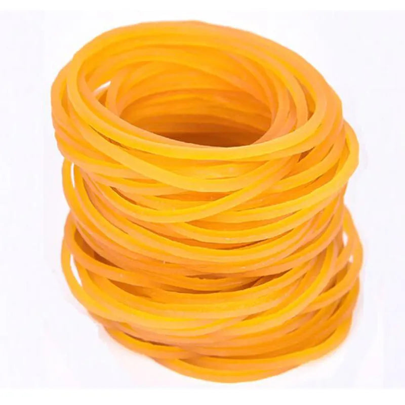 500g bag of yellow rubber bands in multiple sizes from 16mm to 70mm diameter.