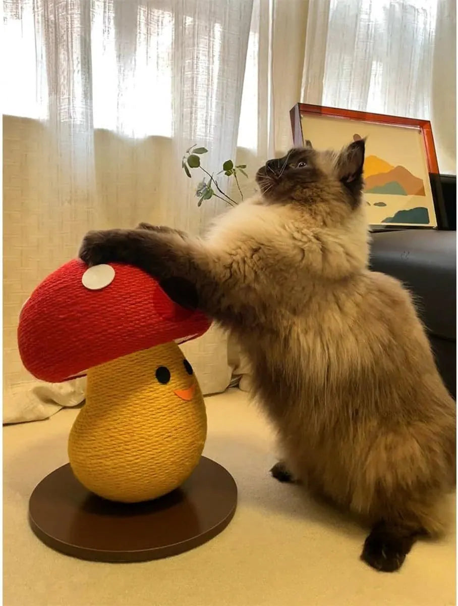 Round mushroom-shaped cardboard cat scratcher with accordion folds for furniture protection