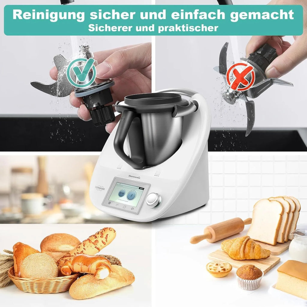 Ceramic dough knife with stainless steel handle for Thermomix TM6 and TM5 mixers, shown with protective blade guard.