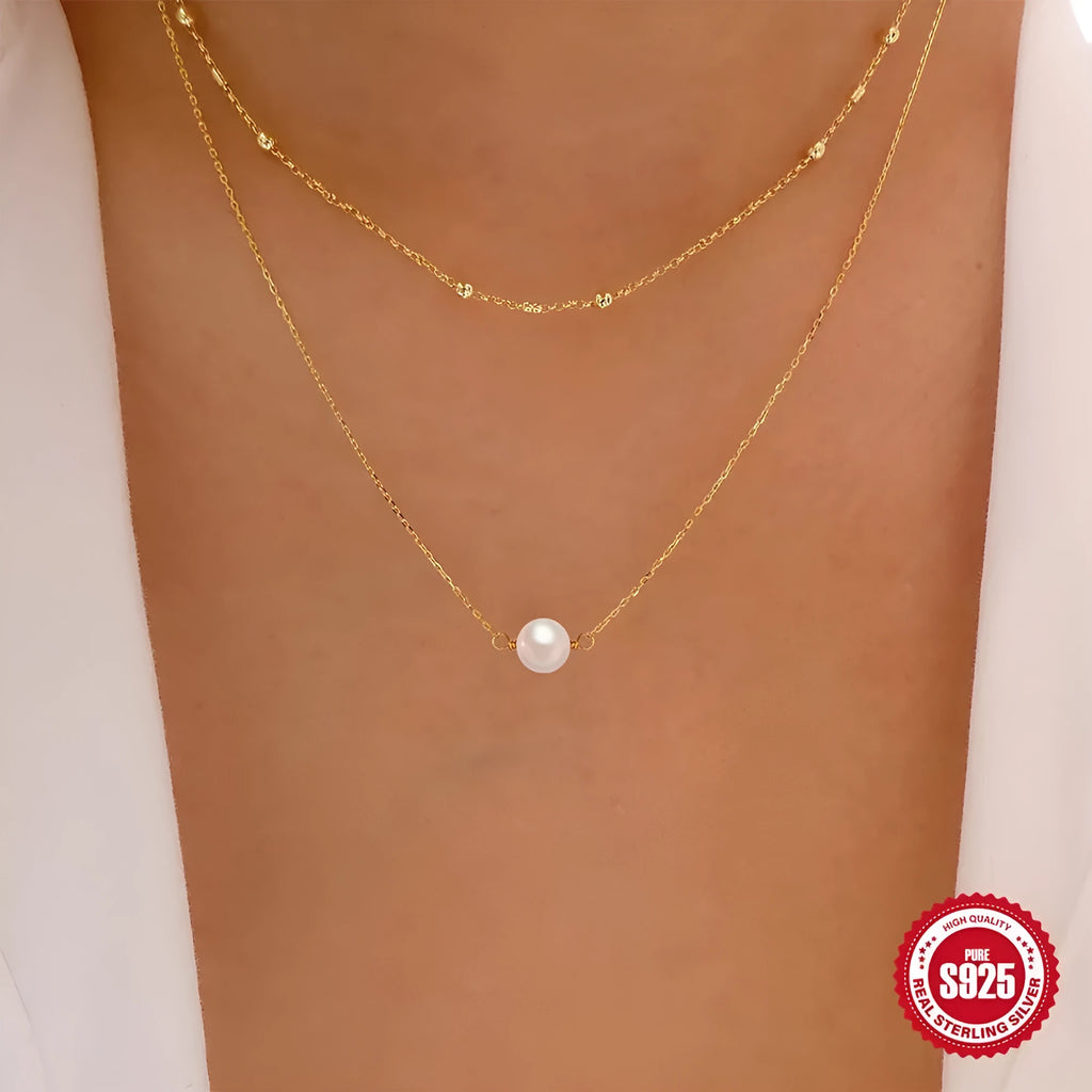 S925 sterling silver double layer necklace with twin pearls and ball bead chain in gold colour