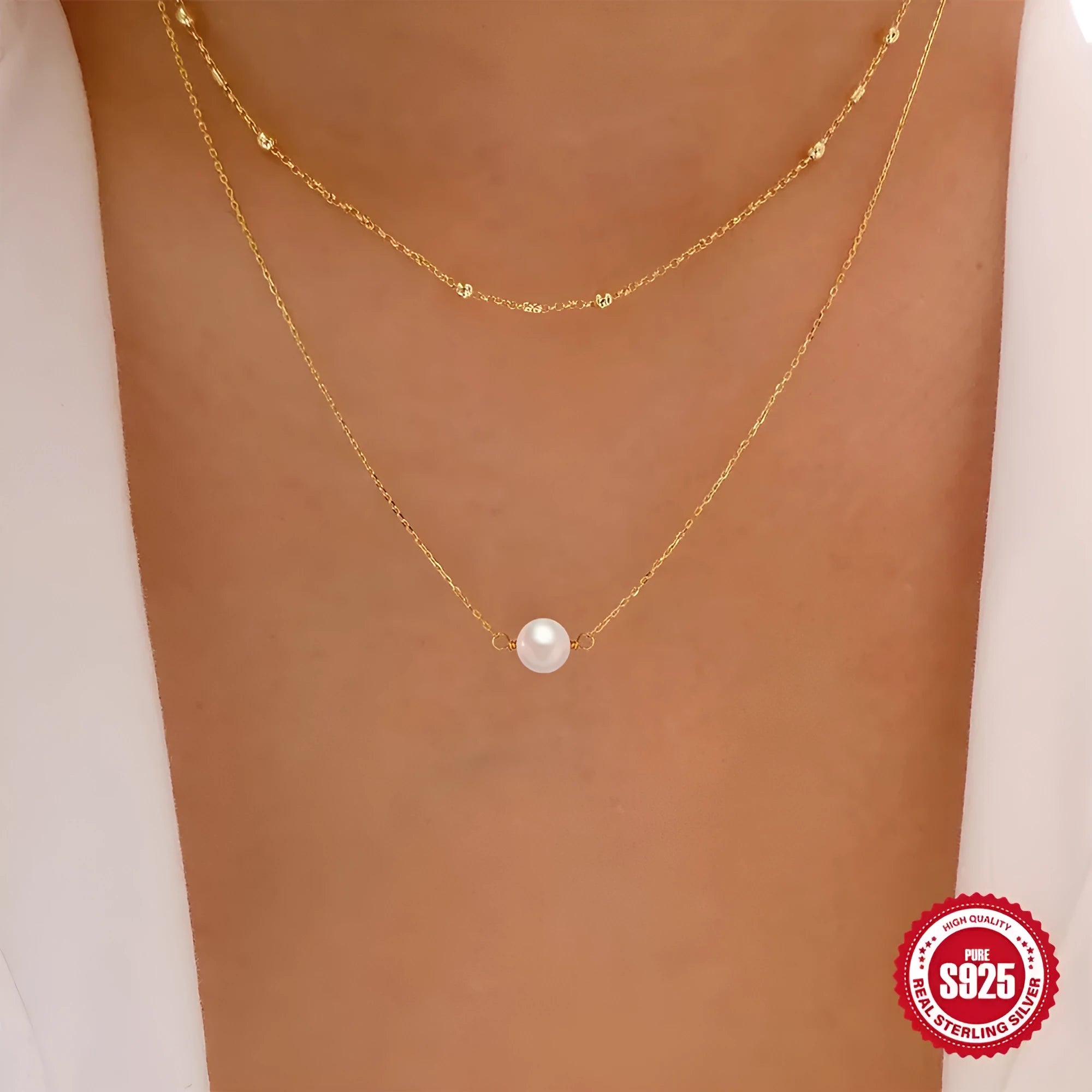 S925 sterling silver double layer necklace with twin pearls and ball bead chain in gold colour