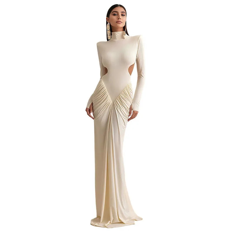 Women's slim fit backless dress with high collar, long sleeves and pleated detail in polyester fabric