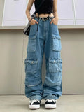 Blue tie-dyed high waist wide leg jeans with multiple pockets and street hipster styling
