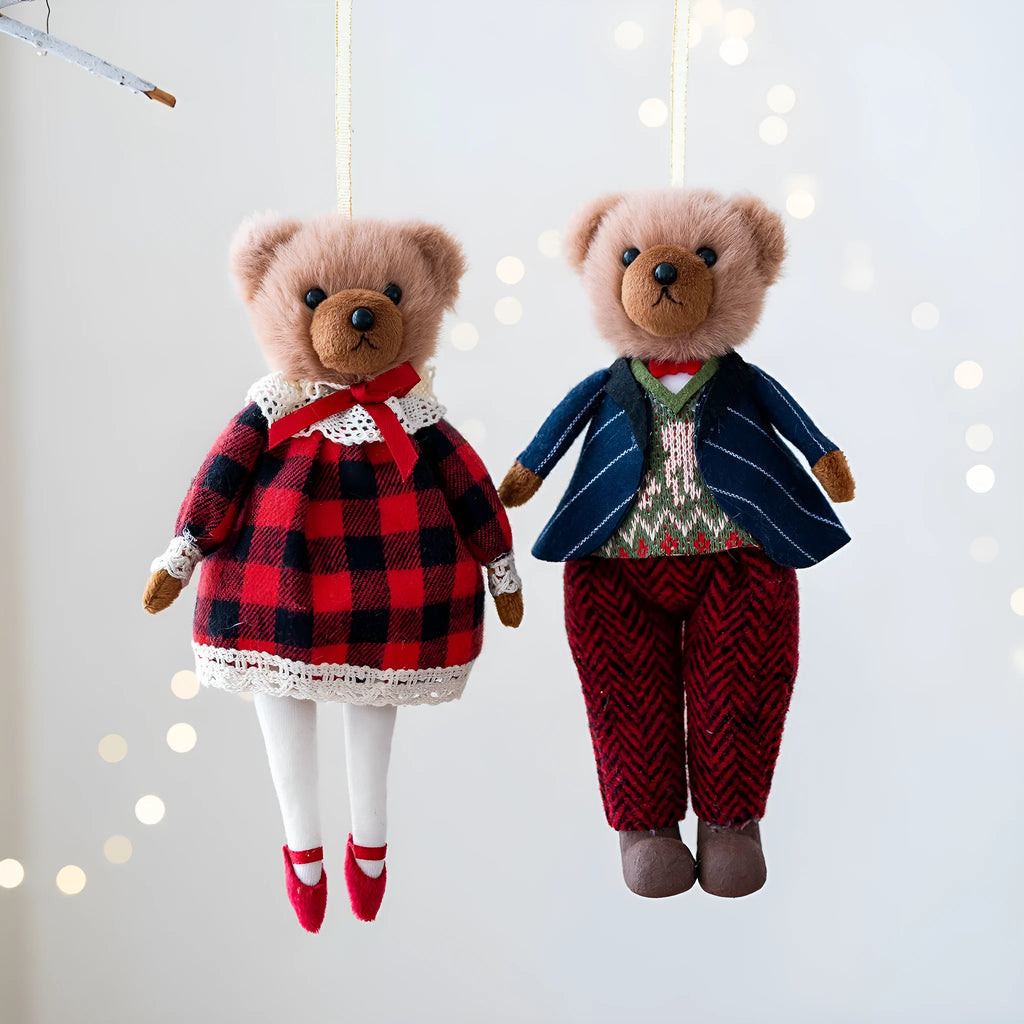 Cartoon plush bear couple in cotton plaid suits - gentleman bear and princess bear characters