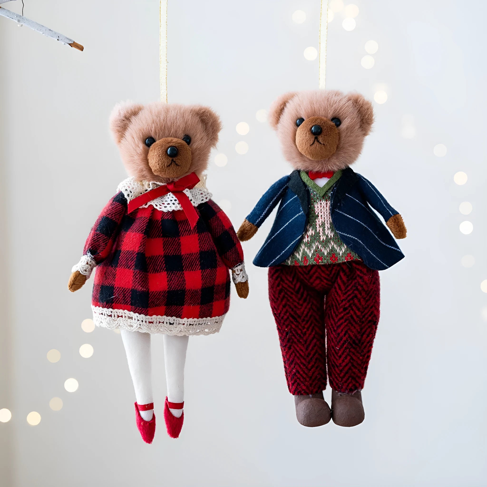 Cartoon plush bear couple in cotton plaid suits - gentleman bear and princess bear characters