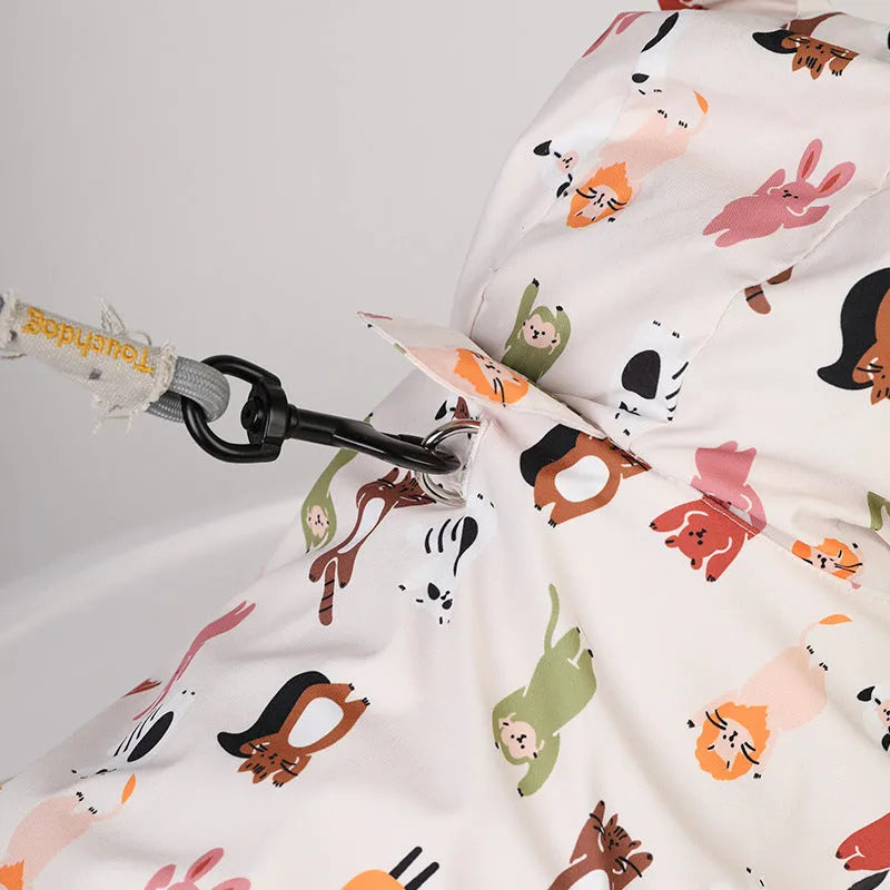 Beige cartoon dog raincoat with animal design and waterproof PU coating