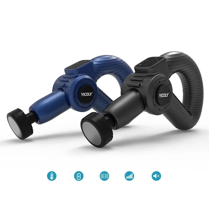 Black smart muscle massage gun with adjustable angle and multiple massage head attachments