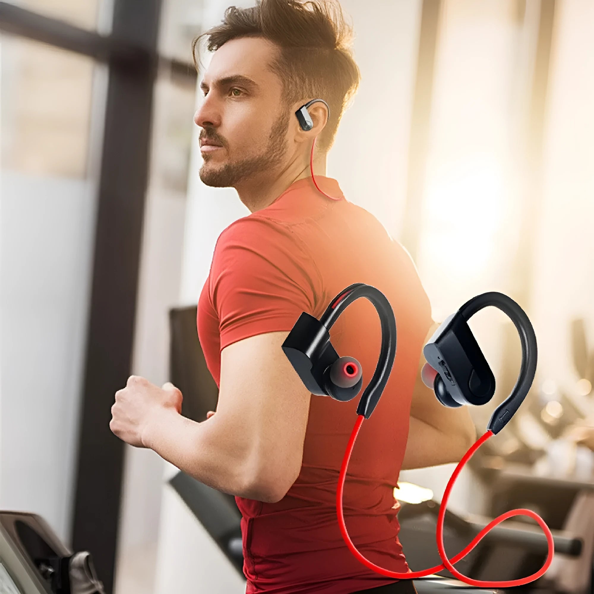 Neck-mounted wireless Bluetooth earphones in black, blue, or red colours with neckband design