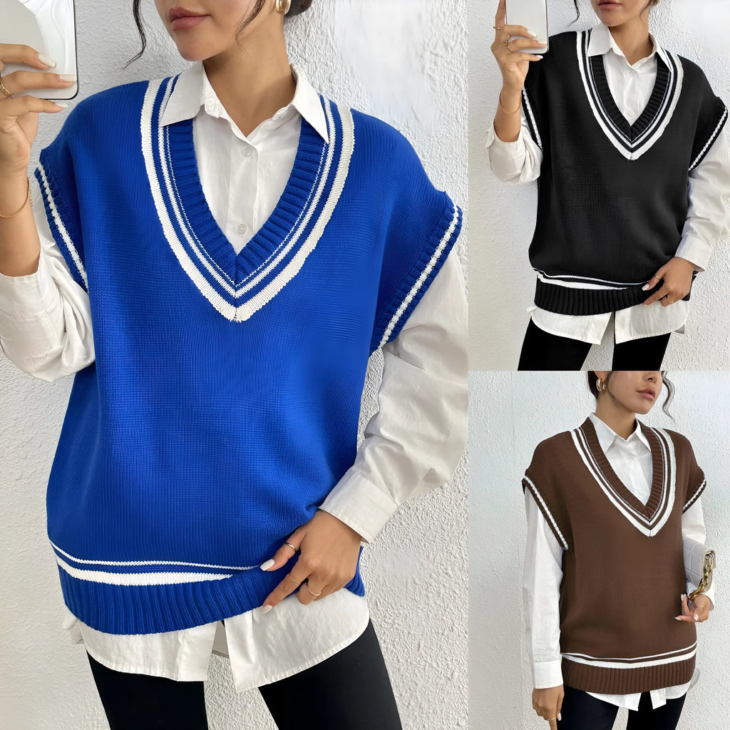 Women's loose fit college style acrylic pullover vest sweater in blue, coffee, or black colours