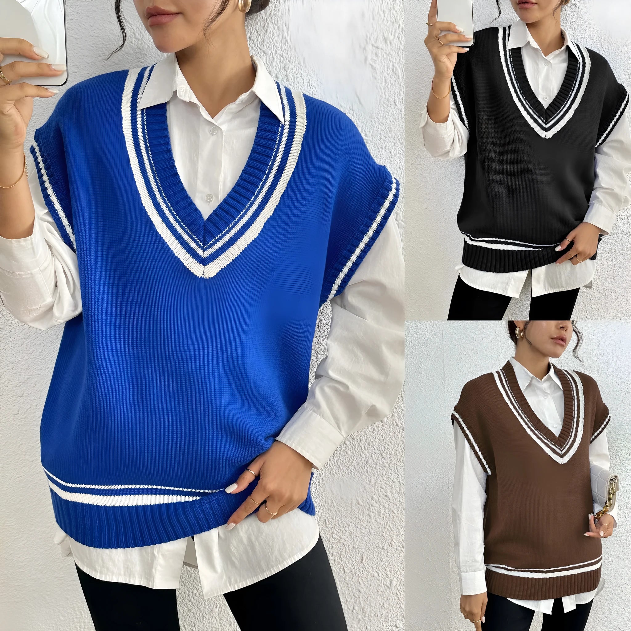 Women's loose fit college style acrylic pullover vest sweater in blue, coffee, or black colours