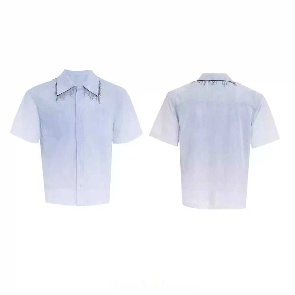 Blue and white gradient short sleeve shirt with loose fit design