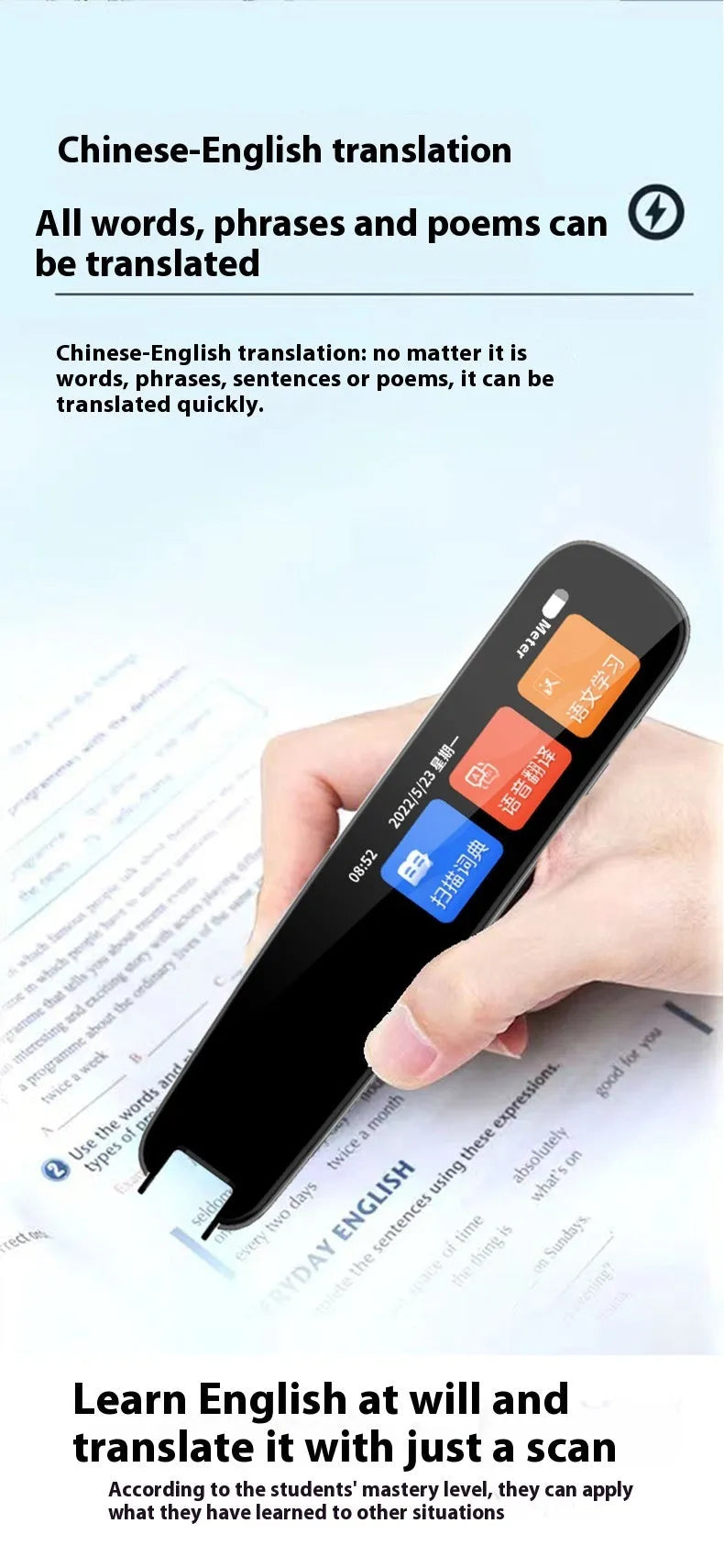 Dark grey and white talking pen with scanning tip for English language translation practice