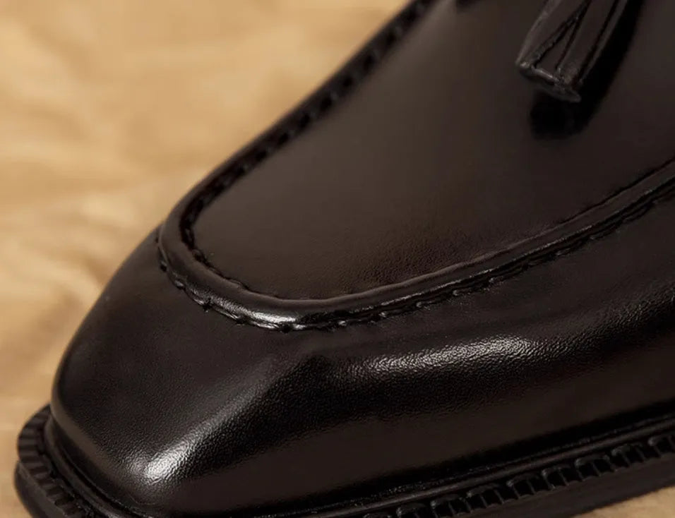 Men's black and brown genuine leather slip-on loafers with rubber soles and British style design