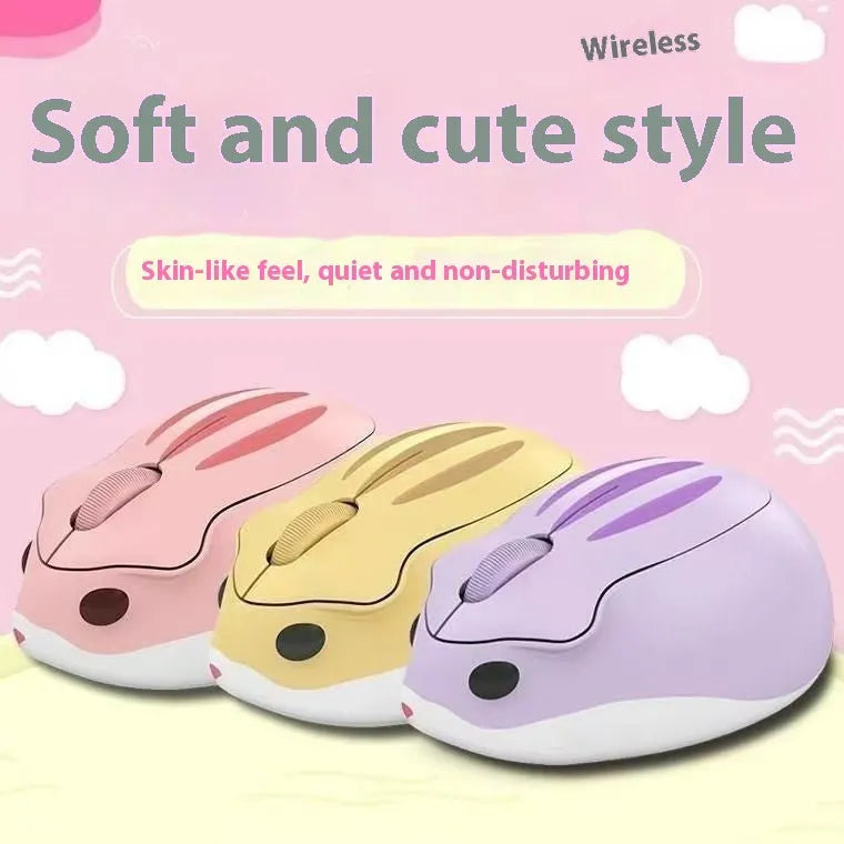 Hamster wireless mute mouse in grey, pink, and yellow colours showing compact design