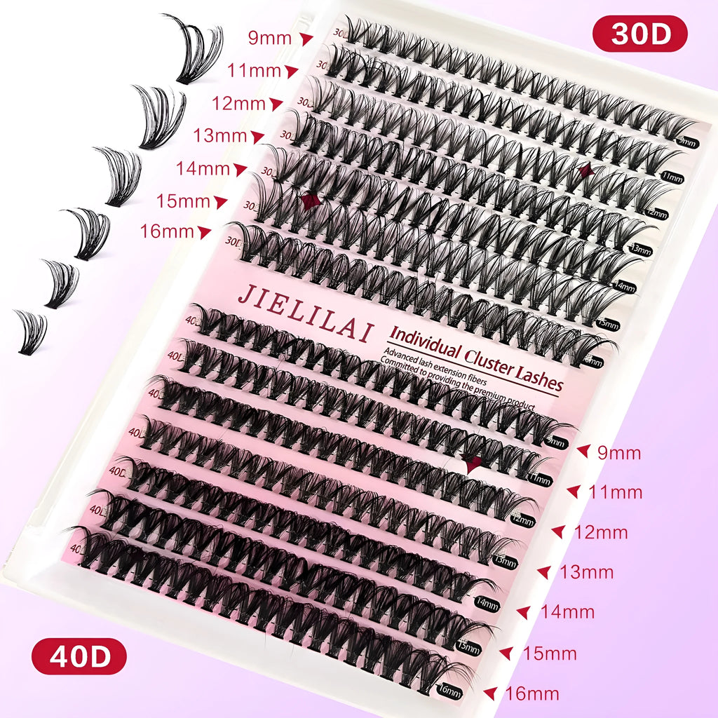 DIY cluster false eyelashes kit with 30D and 40D high-grade fibre lashes 9-16mm including tweezers