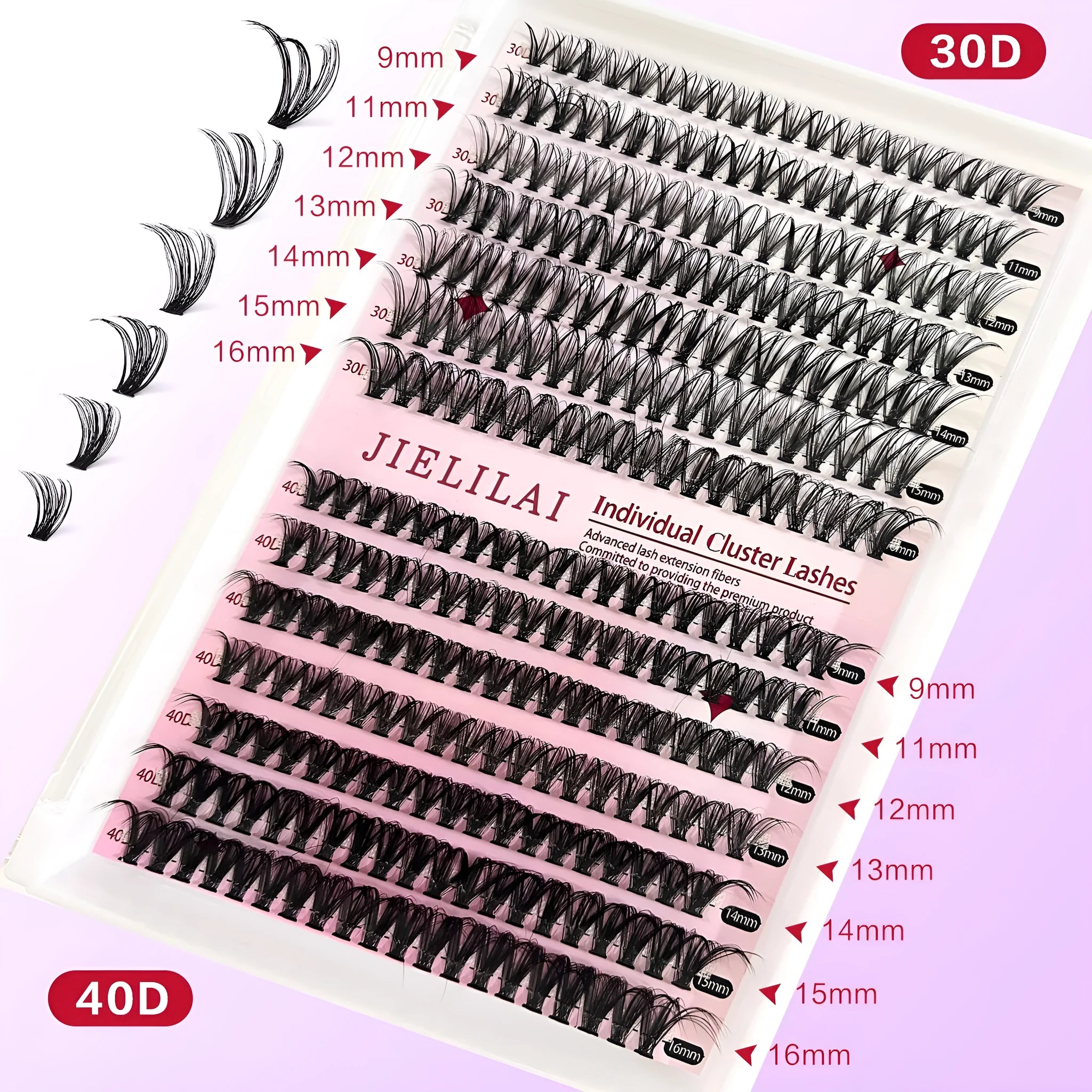 DIY cluster false eyelashes kit with 30D and 40D high-grade fibre lashes 9-16mm including tweezers