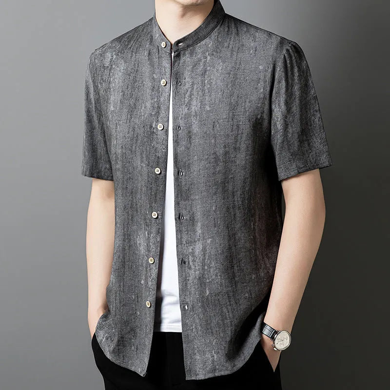 Men's loose fit linen-style shirt with stand collar in grey colour on hanger
