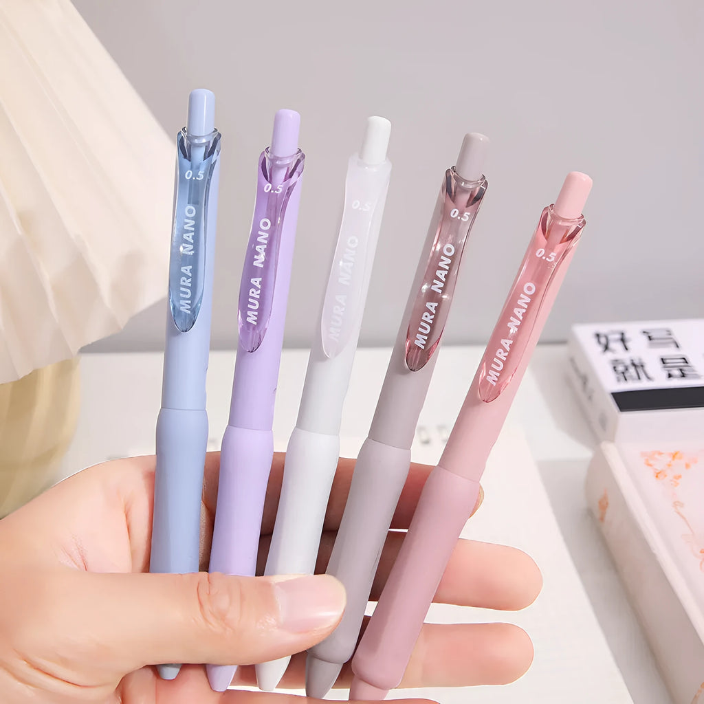 Macaron colour press gel pen with 0.5mm tip in smoked brown, pink, or white.