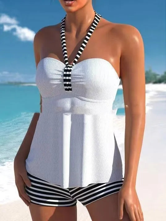 Women's black and white striped off-shoulder swimsuit also available in solid green, blue, white colours