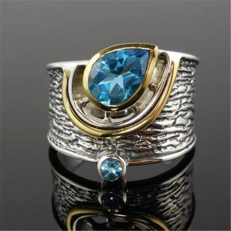 Blue zircon rhinestone drop shape alloy ring in Chinese style on size guide