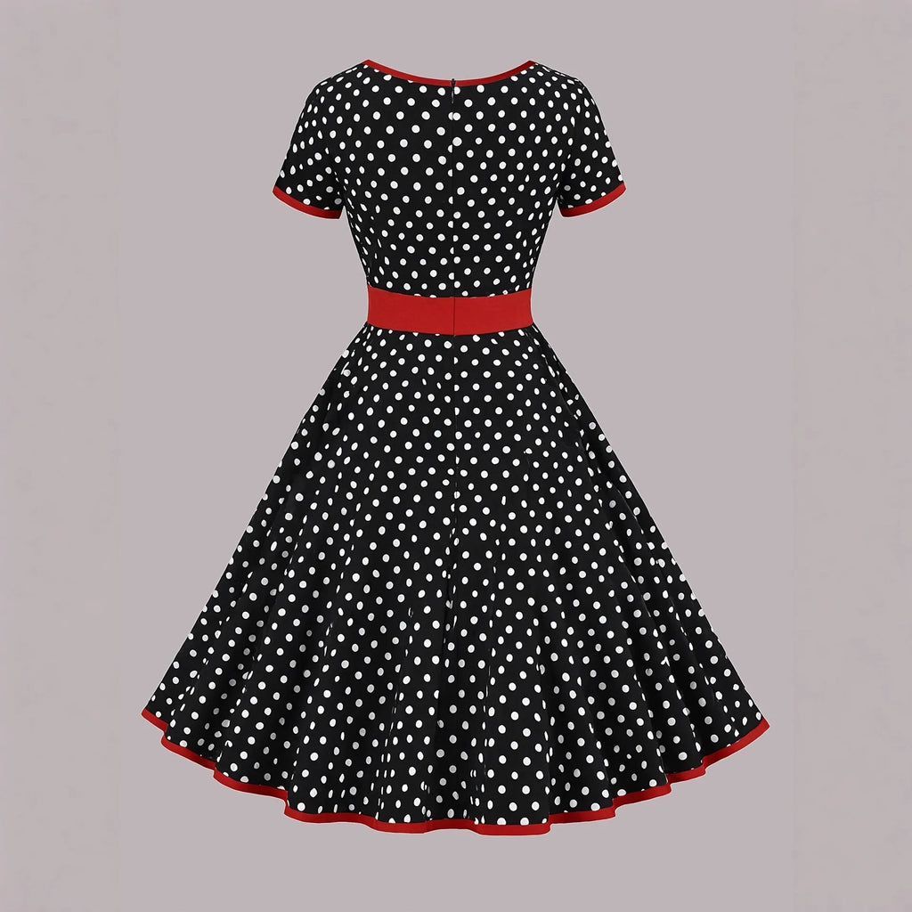 Multicolour polka dot pleated dress with square collar, short sleeves, and a front zipper.