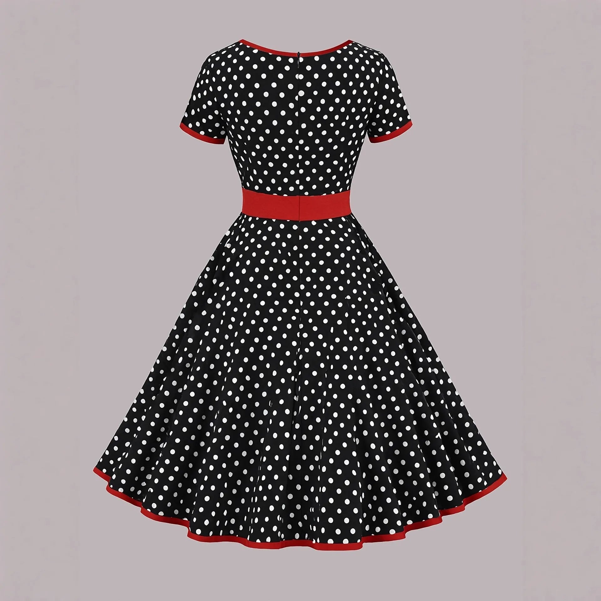 Multicolour polka dot pleated dress with square collar, short sleeves, and a front zipper.