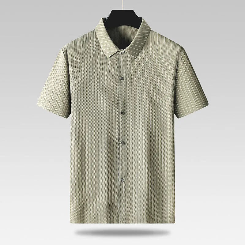 Man wearing a black plus-size striped square collar casual shirt with short sleeves.