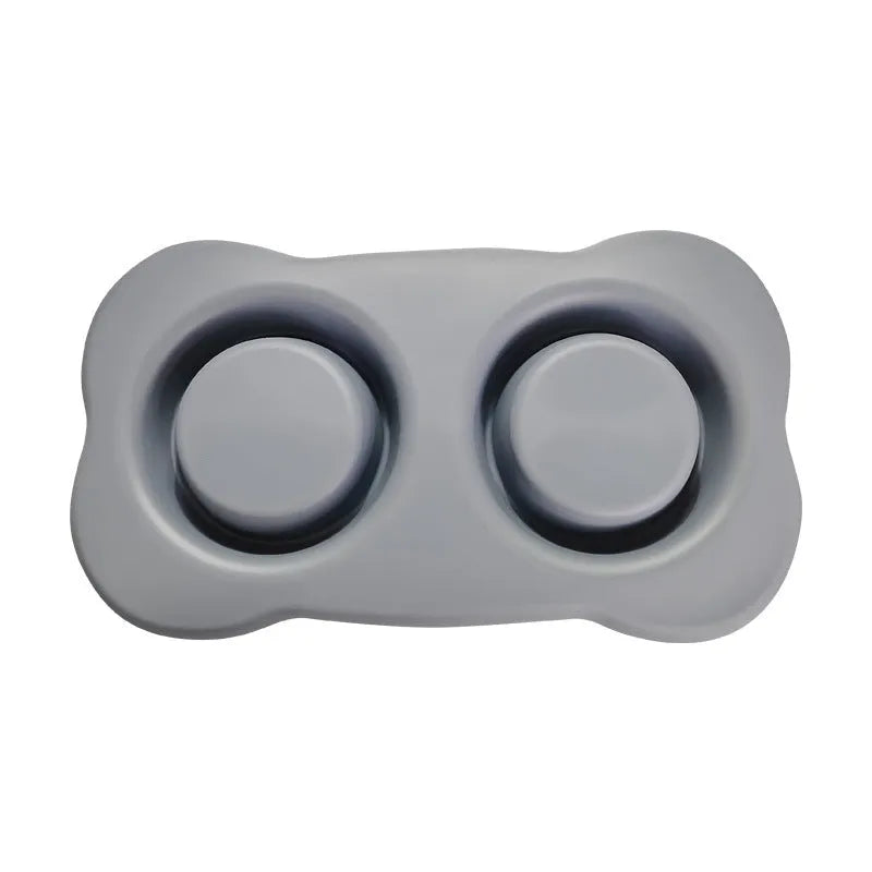 Large silicone dog bowl with a shiny stainless steel inner liner, shown in blue colour.