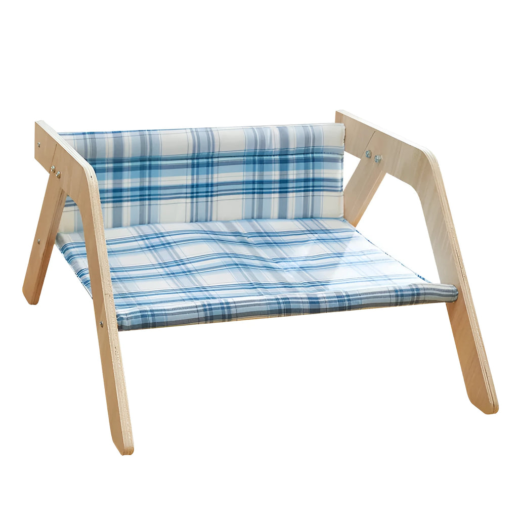 Elevated wood frame cat hammock bed with soft cloth covering in beach chair style design