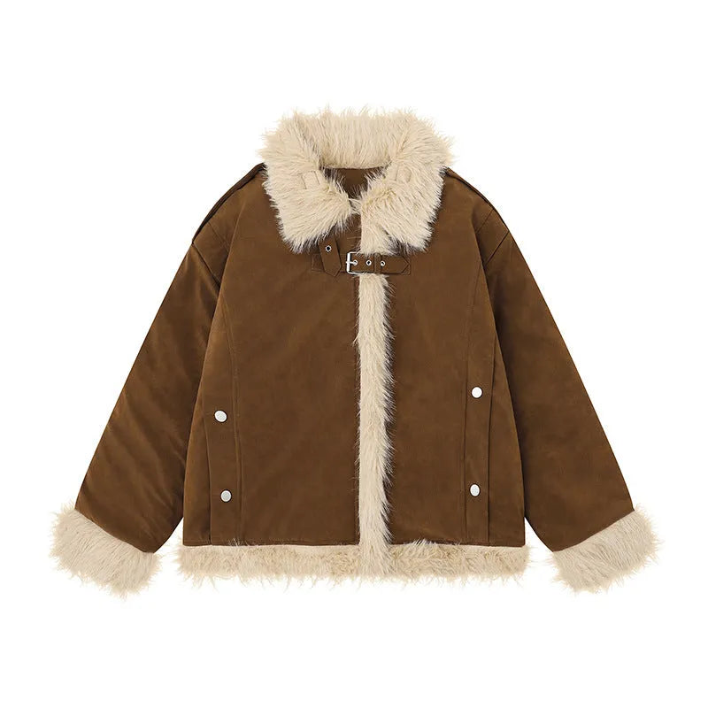 Women's retro lamb wool coat in black, brown, or pink, loose fit polyester, sizes S to XL