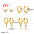 Geometric square copper earrings with zircon detailing in gold or silver four-piece sets for women