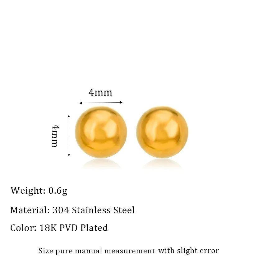 Gold and silver spherical ball stud earrings in 3mm, 4mm, 5mm, and 6mm sizes on a plain background.