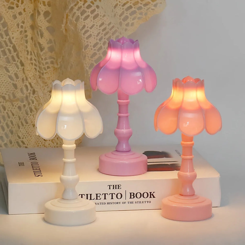Retro pagoda shaped small night lamp with geometric stereo modelling in light purple colour