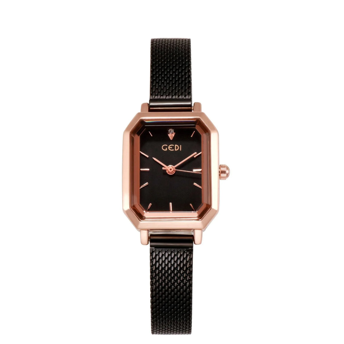 Square retro casual watch for women with rose shell case and choice of coloured dial on wrist.
