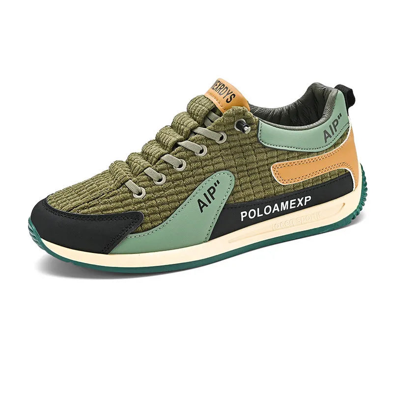 Men's grey and green mesh running shoes with round toe and lace-up closure shown in sizes 39-44