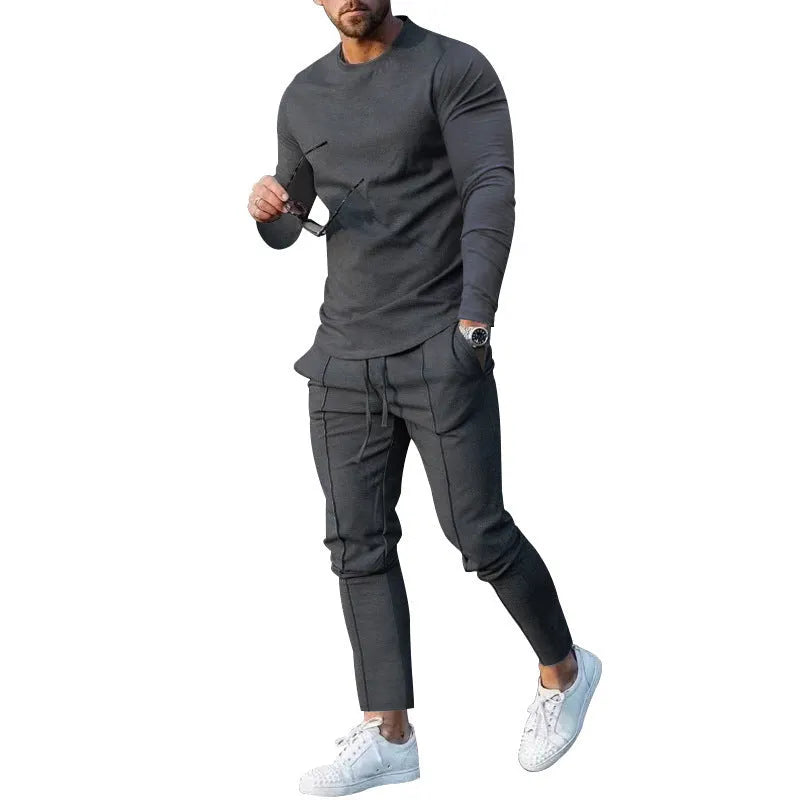 Men's light grey two-piece casual suit with round neck long sleeve T-shirt and trousers