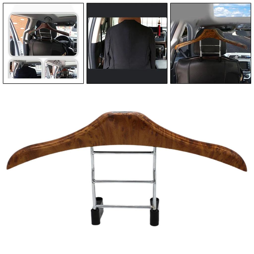 Wood yellow stainless steel car clothes hanger measuring 46.5 by 23 cm.