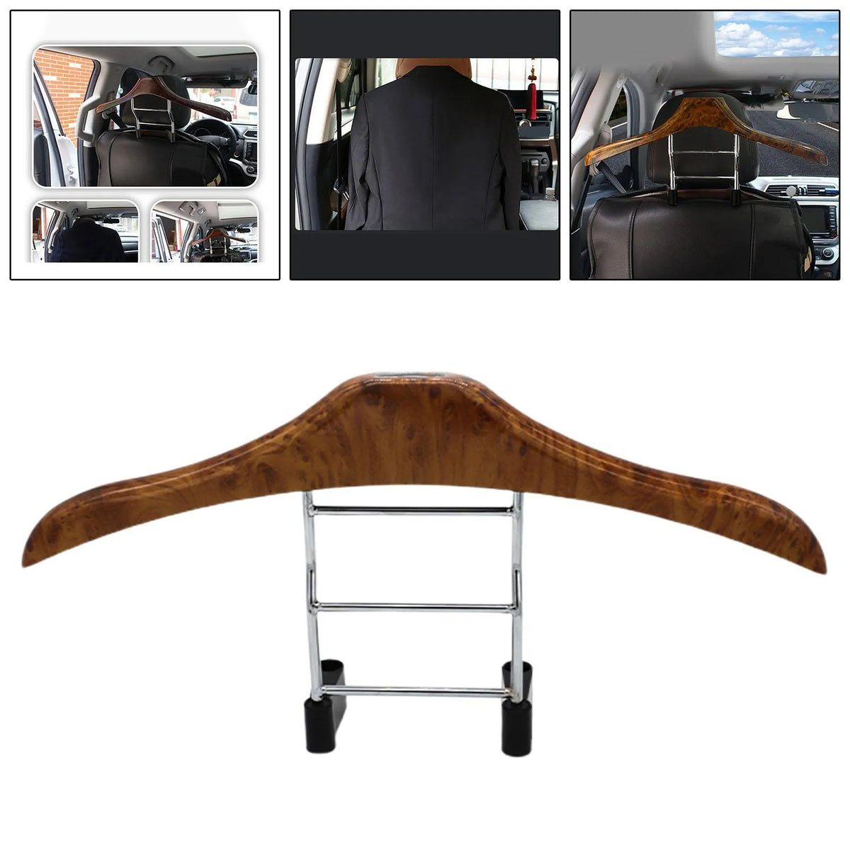 Wood yellow stainless steel car clothes hanger measuring 46.5 by 23 cm.