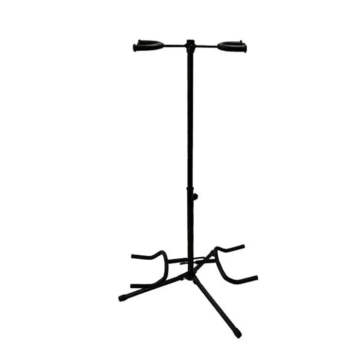 Black vertical guitar stand with double heads and adjustable support arms for acoustic and electric instruments
