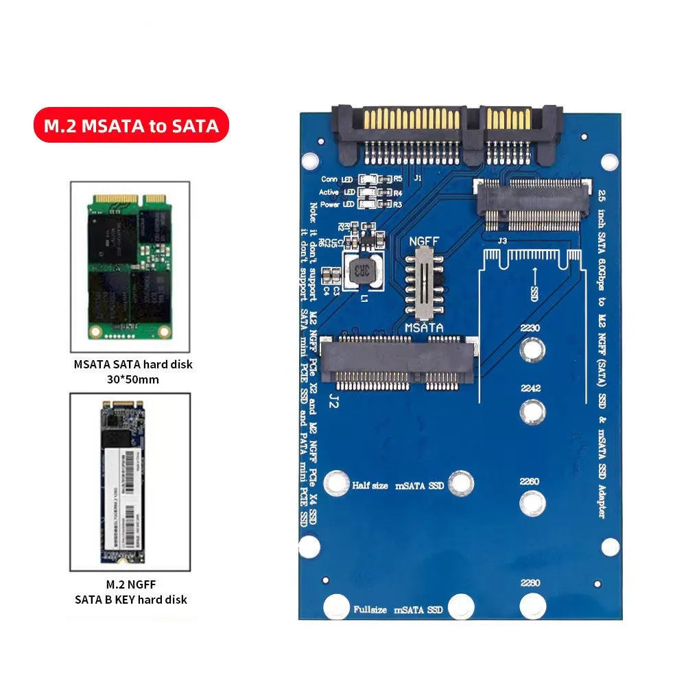 SATA3 to M.2 and mSATA SSD adapter conversion card on a blue printed circuit board.