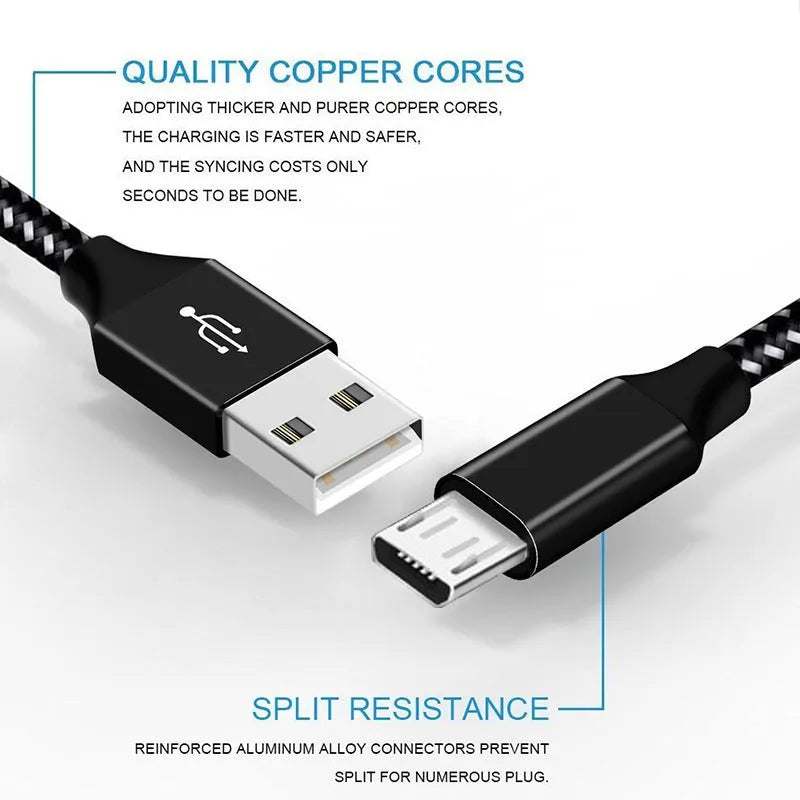 Braided nylon micro USB fast charging cable for Android phones in multiple lengths and colours