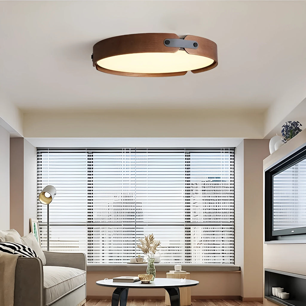 Japanese wooden ceiling lamp with natural wood shade and PMMA lampshade in bedroom setting